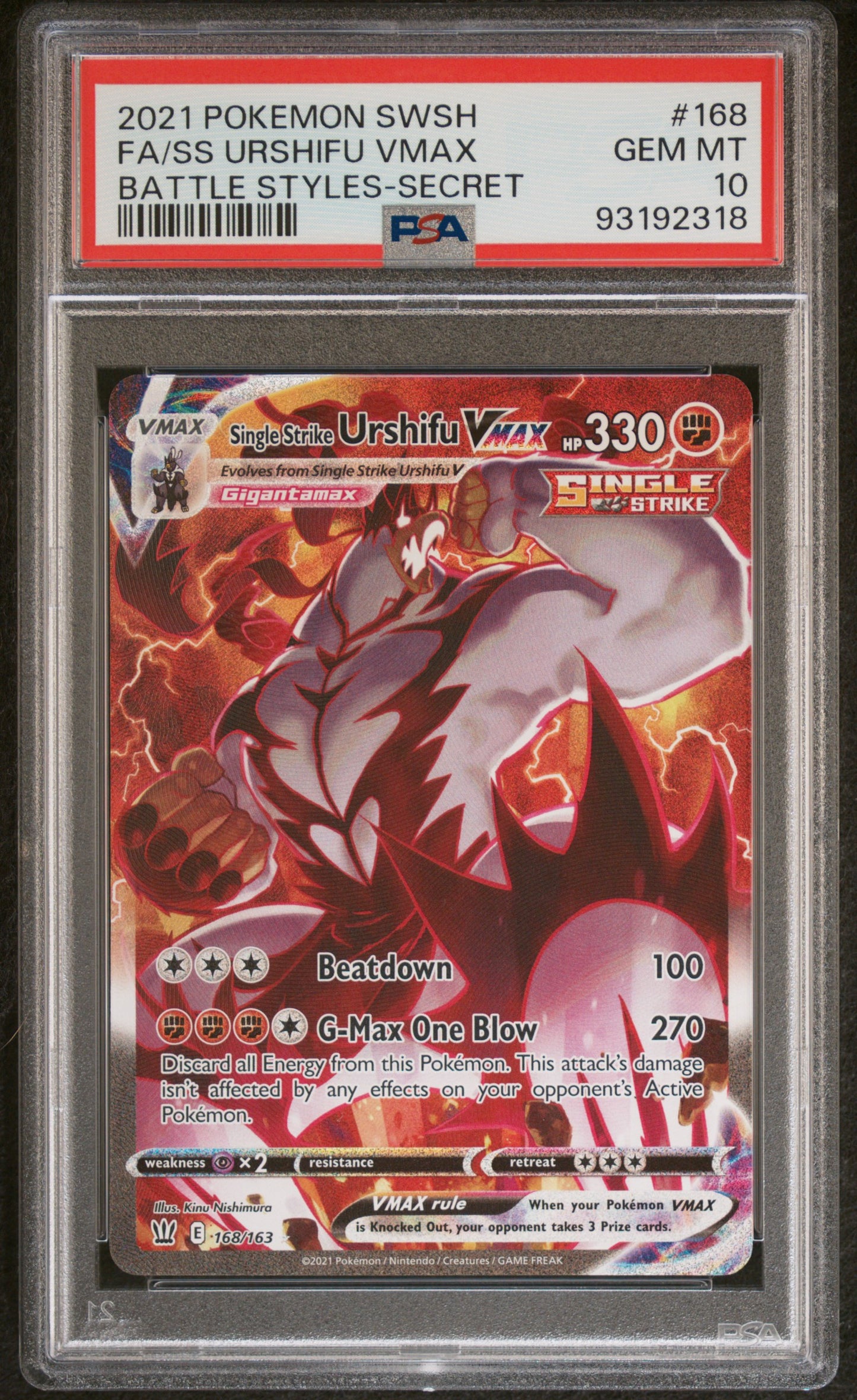 2021 Pokemon Sword & Shield Battle Styles #168 Fa/Ss Urshifu Vmax PSA 10