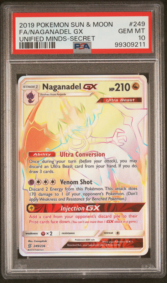 2019 Pokemon Sun & Moon Unified Minds #249 Fa/Naganadel Gx PSA 10