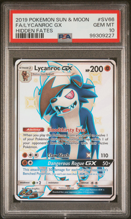 2019 Pokemon Sun & Moon Hidden Fates #SV66 Fa/Lycanroc Gx PSA 10