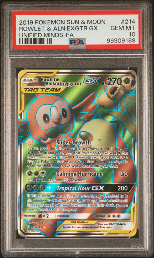 2019 Pokemon Sun & Moon Unified Minds #214 Rowlet & Aln.Exgtr.Gx PSA 10